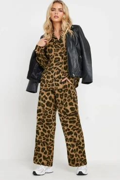 Pixiegirl Petite Brown Leopard Print Drawstring Wide Leg Trousers
