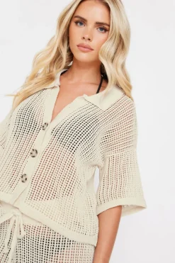 Pixiegirl Petite Cream Crochet Short Sleeve Shirt