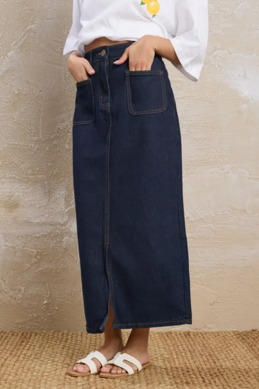 Pixiegirl Petite Dark Blue Pocket Patch Denim Skirt