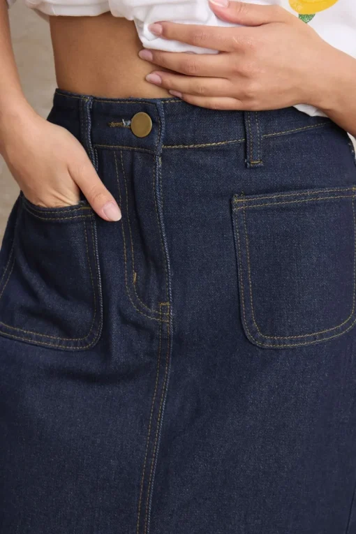 Pixiegirl Petite Dark Blue Pocket Patch Denim Skirt
