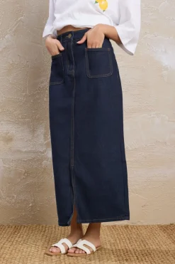Pixiegirl Petite Dark Blue Pocket Patch Denim Skirt