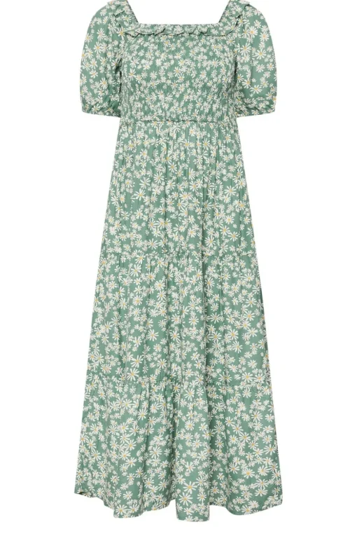 Pixiegirl Petite Green Daisy Tiered Bardot Dress