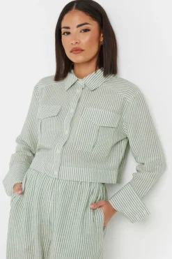 Pixiegirl Petite Green Linen Striped Pocket Shirt