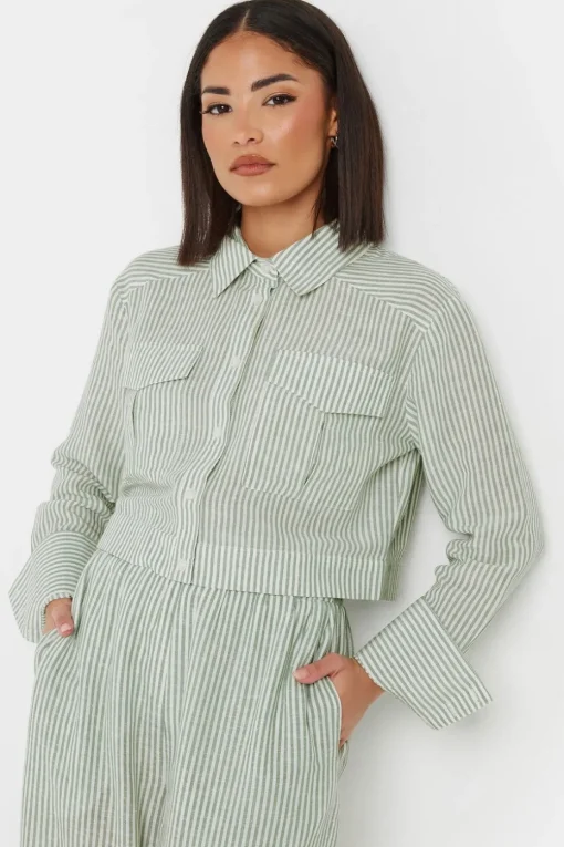 Pixiegirl Petite Green Linen Striped Pocket Shirt