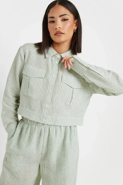 Pixiegirl Petite Green Linen Striped Pocket Shirt