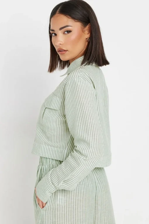 Pixiegirl Petite Green Linen Striped Pocket Shirt