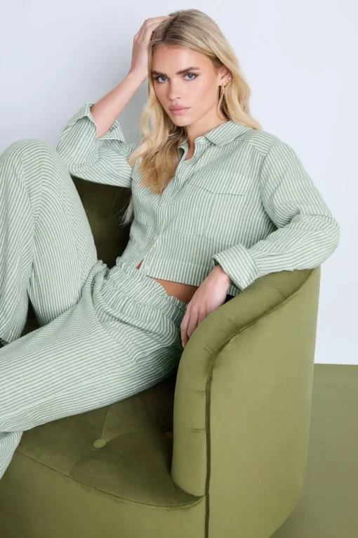 Pixiegirl Petite Green Linen Striped Pocket Shirt