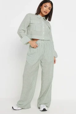 Pixiegirl Petite Green Linen Striped Pocket Shirt