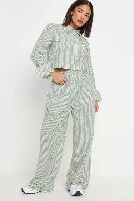 Pixiegirl Petite Green Linen Striped Pocket Shirt