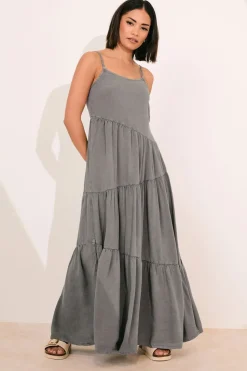 Pixiegirl Petite Grey Acid Wash Asymmetric Tiered Maxi Dress