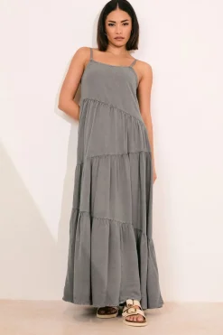 Pixiegirl Petite Grey Acid Wash Asymmetric Tiered Maxi Dress