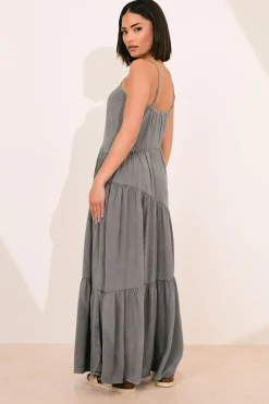 Pixiegirl Petite Grey Acid Wash Asymmetric Tiered Maxi Dress