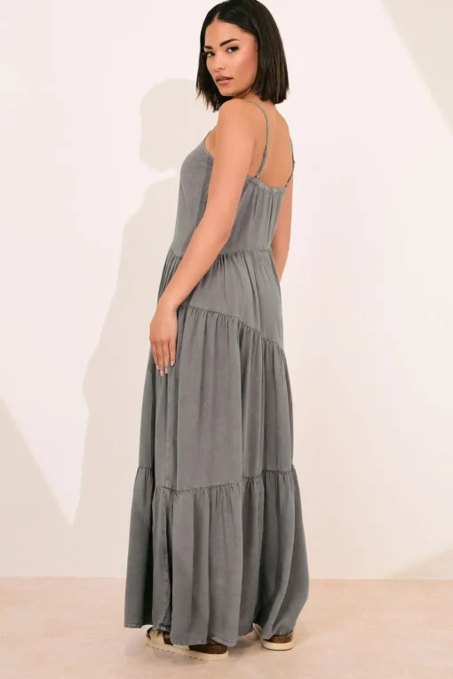 Pixiegirl Petite Grey Acid Wash Asymmetric Tiered Maxi Dress
