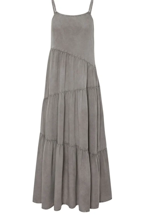 Pixiegirl Petite Grey Acid Wash Asymmetric Tiered Maxi Dress