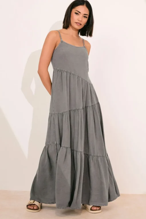 Pixiegirl Petite Grey Acid Wash Asymmetric Tiered Maxi Dress