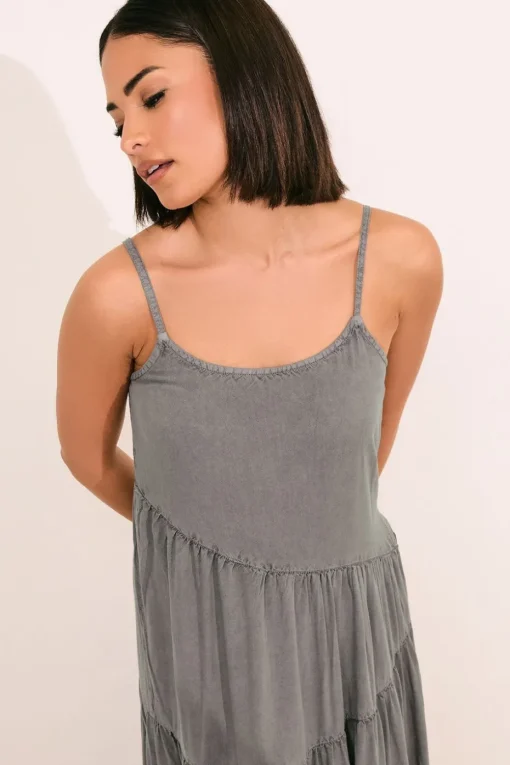Pixiegirl Petite Grey Acid Wash Asymmetric Tiered Maxi Dress