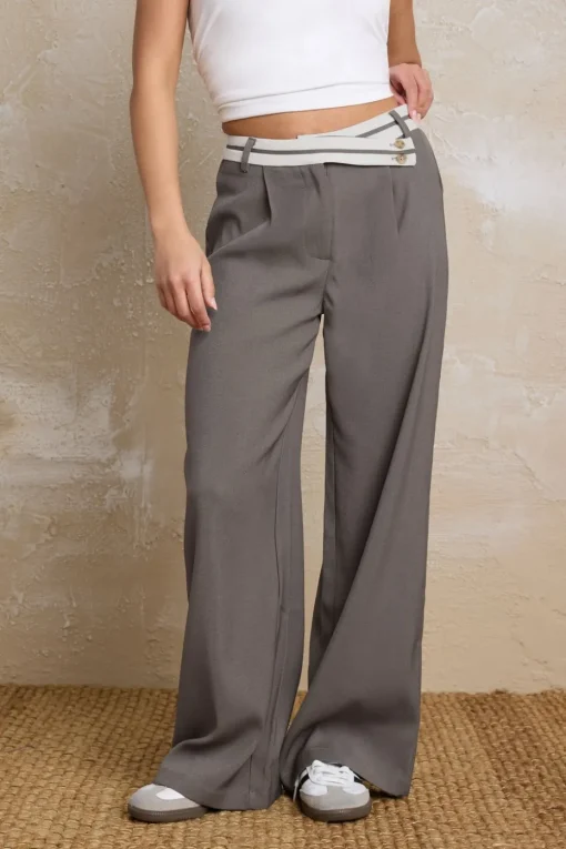 Pixiegirl Petite Grey Cross Over Contrast Waistband Trousers