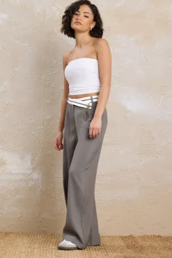 Pixiegirl Petite Grey Cross Over Contrast Waistband Trousers