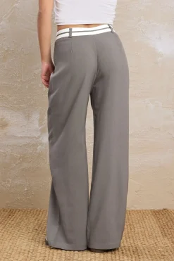 Pixiegirl Petite Grey Cross Over Contrast Waistband Trousers
