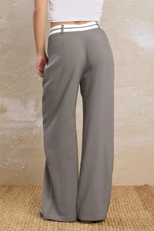 Pixiegirl Petite Grey Cross Over Contrast Waistband Trousers