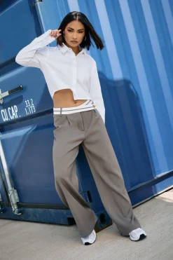 Pixiegirl Petite Grey Cross Over Contrast Waistband Trousers