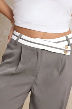 Pixiegirl Petite Grey Cross Over Contrast Waistband Trousers