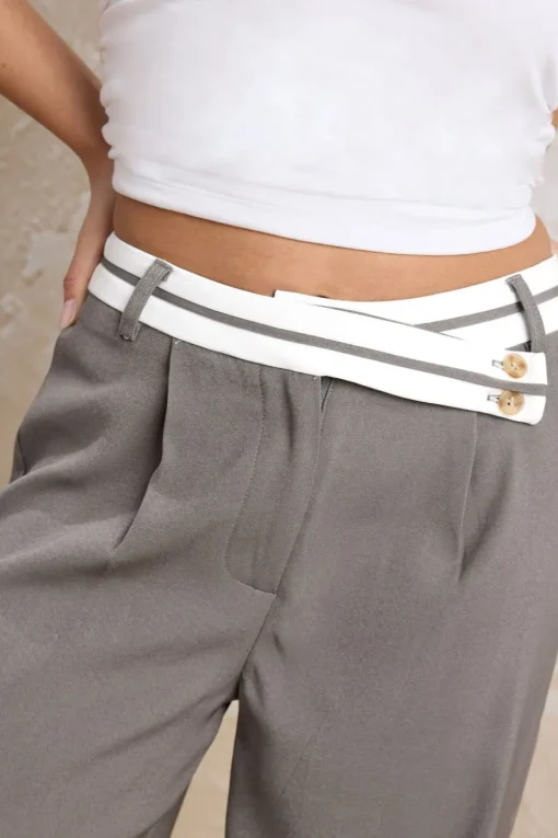 Pixiegirl Petite Grey Cross Over Contrast Waistband Trousers