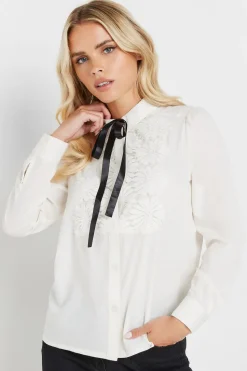 Pixiegirl Petite Ivory White Lace Trim Tie Neck Shirt