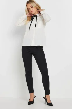 Pixiegirl Petite Ivory White Lace Trim Tie Neck Shirt