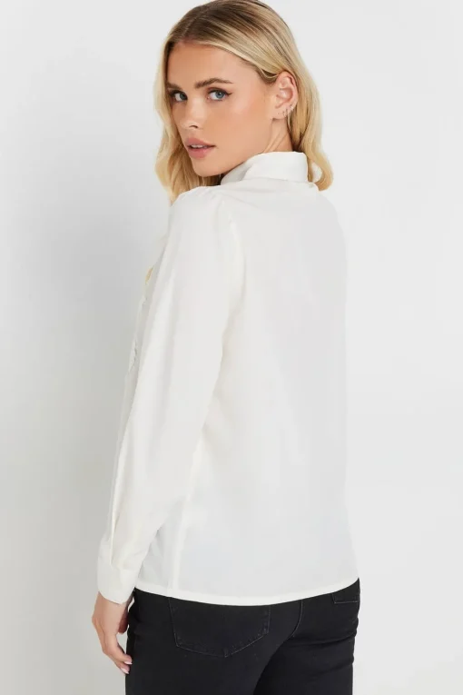 Pixiegirl Petite Ivory White Lace Trim Tie Neck Shirt