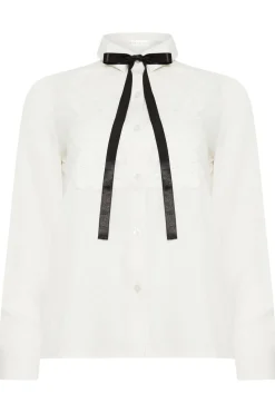 Pixiegirl Petite Ivory White Lace Trim Tie Neck Shirt