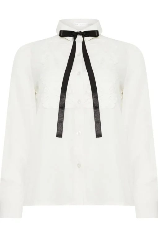 Pixiegirl Petite Ivory White Lace Trim Tie Neck Shirt