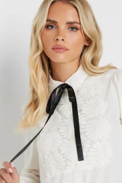 Pixiegirl Petite Ivory White Lace Trim Tie Neck Shirt