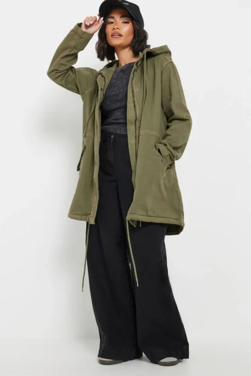 Pixiegirl Petite Khaki Green Twill Parka Coat