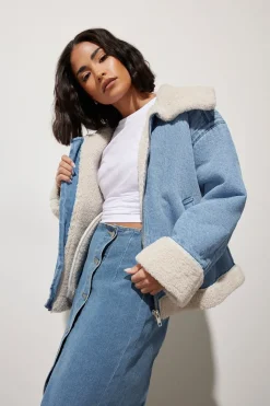 Pixiegirl Petite Light Blue Denim Borg Zip Jacket