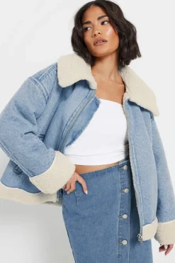 Pixiegirl Petite Light Blue Denim Borg Zip Jacket