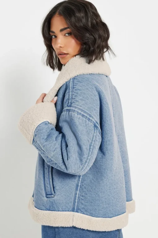 Pixiegirl Petite Light Blue Denim Borg Zip Jacket