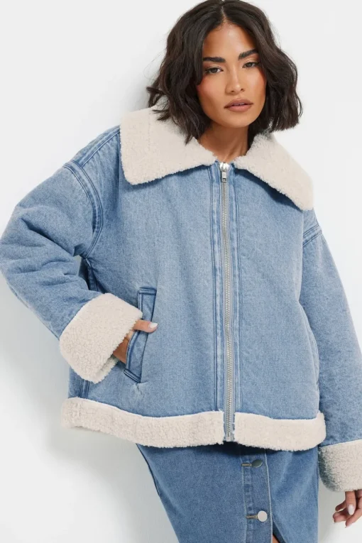 Pixiegirl Petite Light Blue Denim Borg Zip Jacket