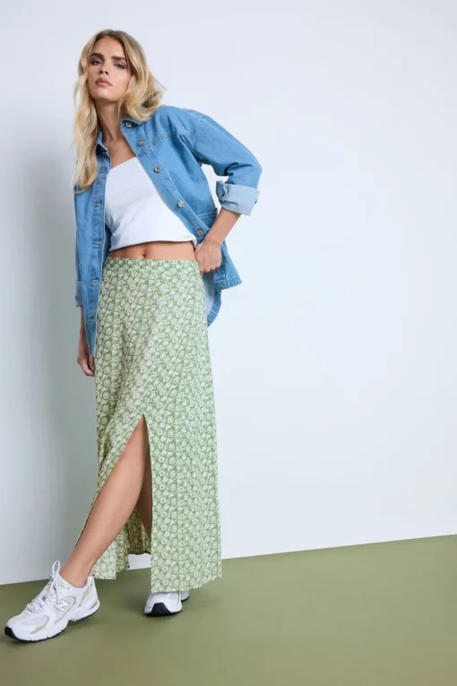 Pixiegirl Petite Mint Green Floral Side Slit Maxi Skirt