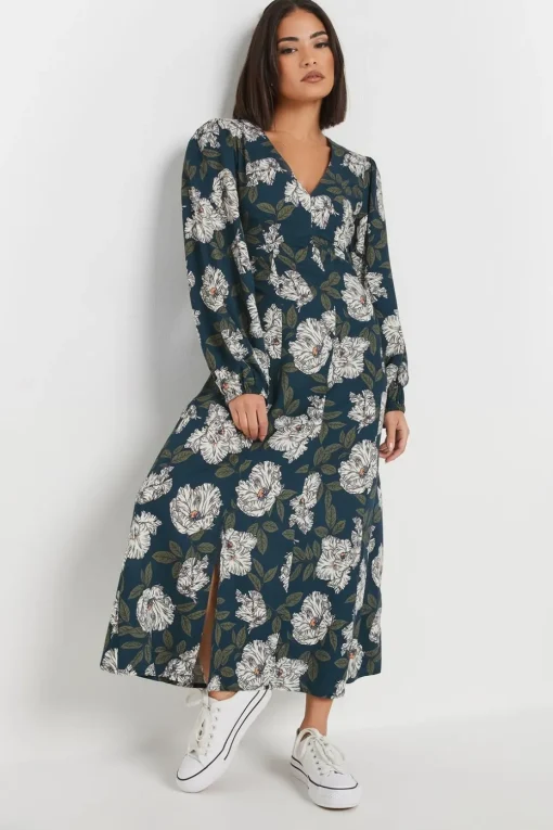 Pixiegirl Petite Navy Blue Floral Midi Tea Dress