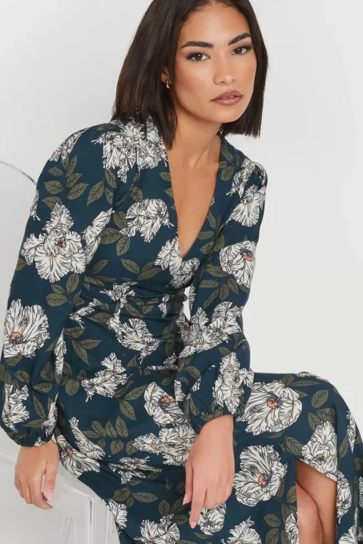 Pixiegirl Petite Navy Blue Floral Midi Tea Dress