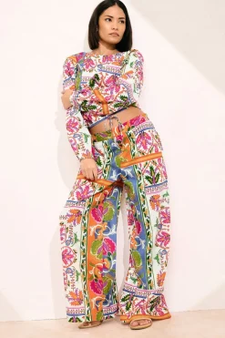 Pixiegirl Petite Orange Abstract Tile Print Wide Leg Trousers