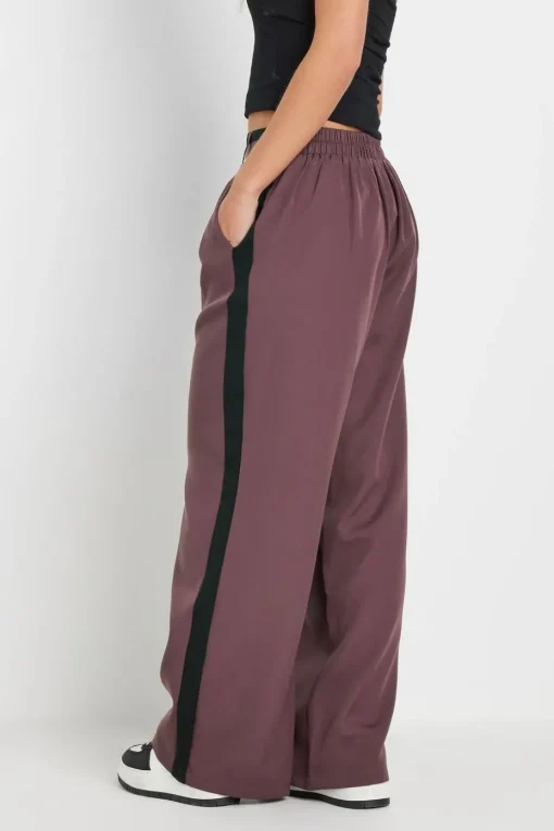 Pixiegirl Petite Purple Side Stripe Contrast Waist Wide Leg Trousers