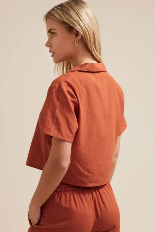 Pixiegirl Petite Rust Orange Linen Cropped Short Sleeve Shirt