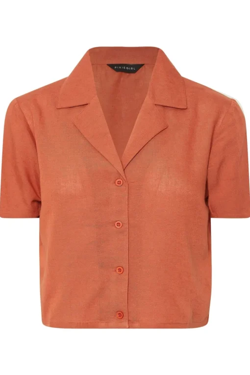 Pixiegirl Petite Rust Orange Linen Cropped Short Sleeve Shirt