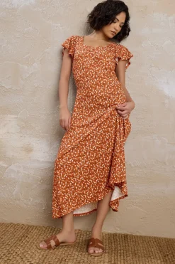 Pixiegirl Petite Rust Orange Ditsy Floral Flutter Sleeve Dress