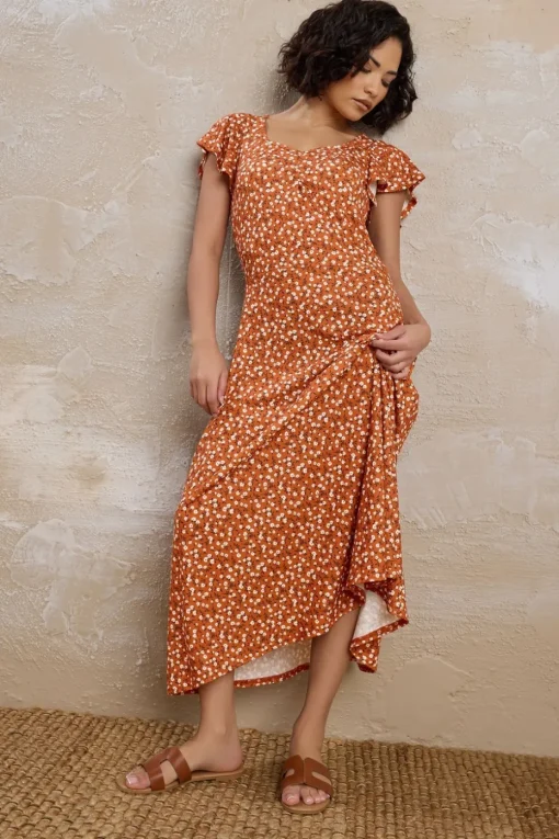 Pixiegirl Petite Rust Orange Ditsy Floral Flutter Sleeve Dress
