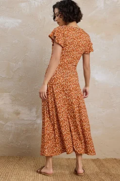 Pixiegirl Petite Rust Orange Ditsy Floral Flutter Sleeve Dress