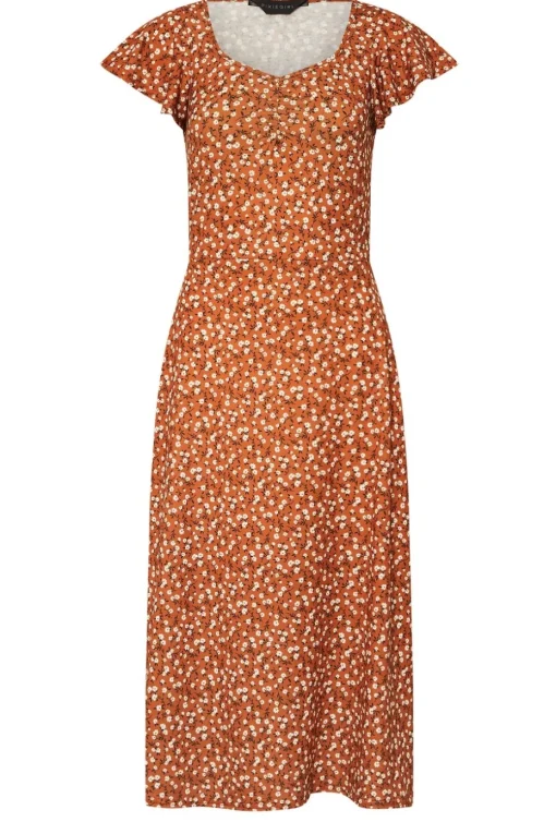 Pixiegirl Petite Rust Orange Ditsy Floral Flutter Sleeve Dress