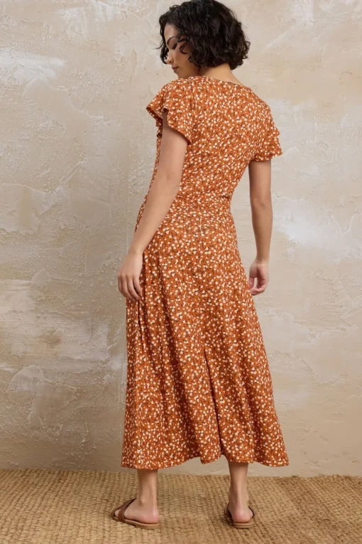 Pixiegirl Petite Rust Orange Ditsy Floral Flutter Sleeve Dress